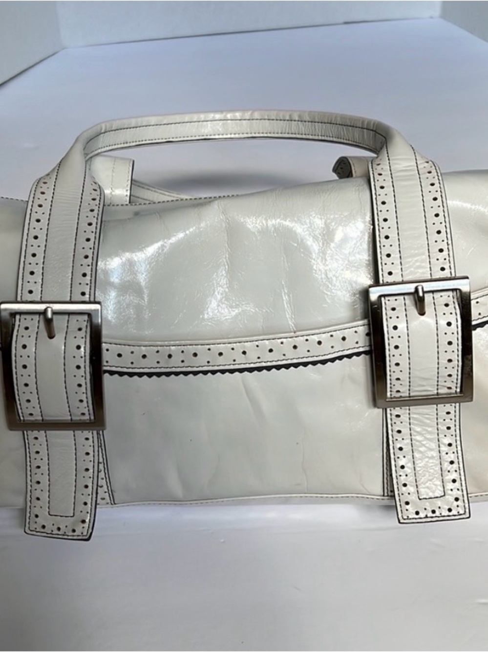 Kenneth Cole White Leather Shoulder Bag with Buckle Straps